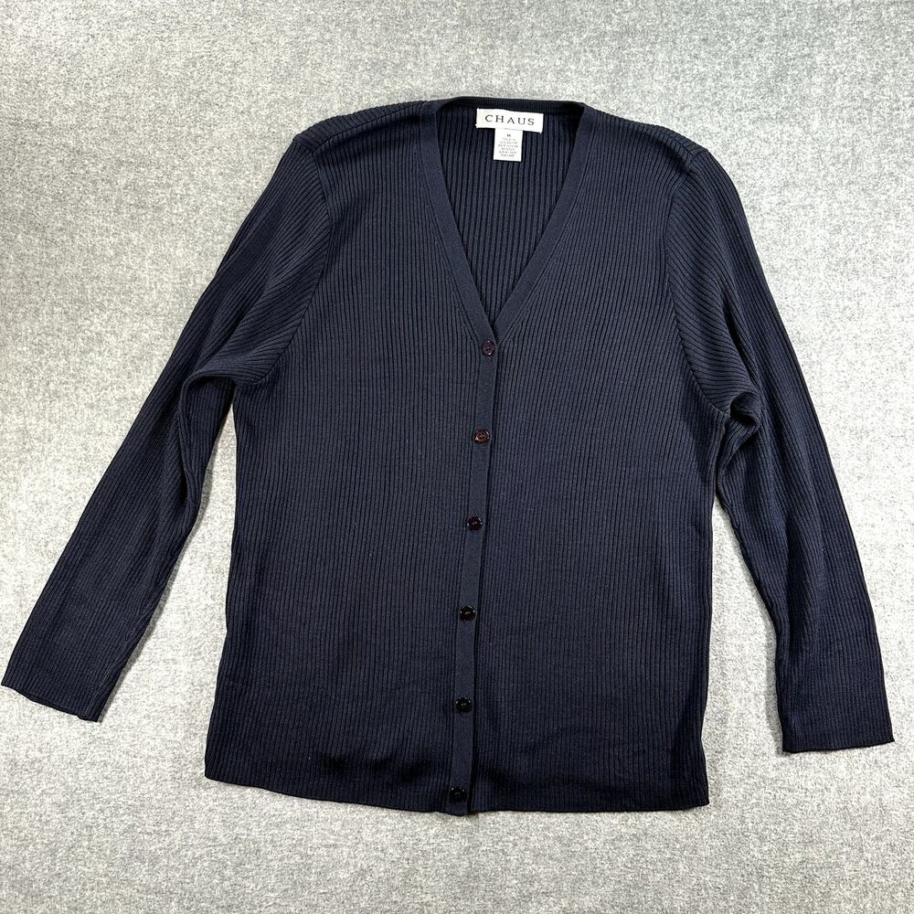 Chaus Womens M 75% Silk Cardigan Navy Blue Ribbed Knit Button Front Minimalist